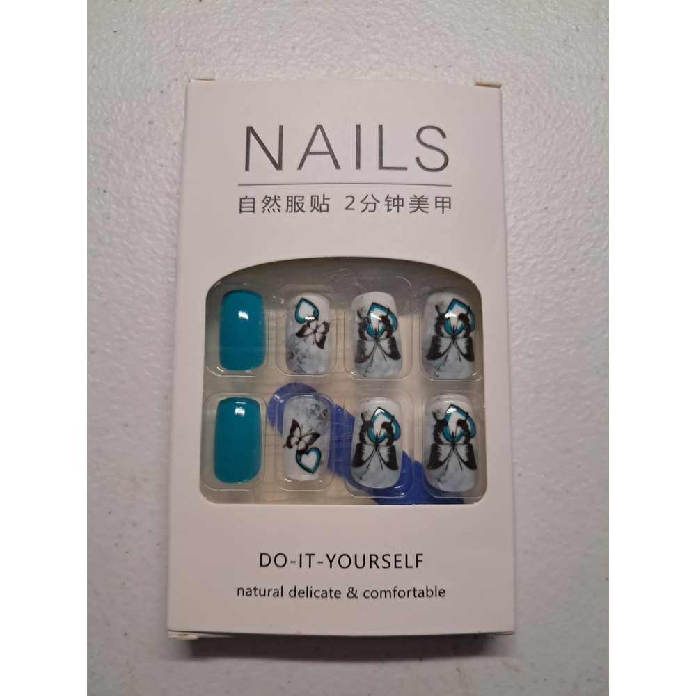 Teal Blue and Butterfly Marble Press On Nails DIY Manicure Kit with Adhesive Tab